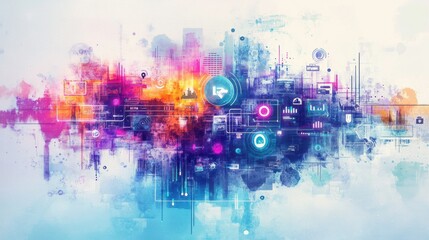 Abstract digital interface elements with vibrant data visualizations