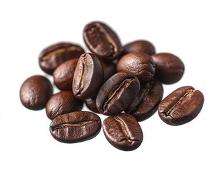Close-up of roasted coffee beans with rich brown color and textured surface isolated on white background