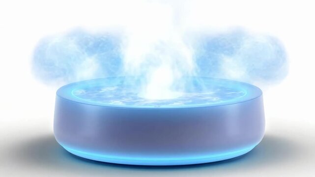 A blue-lit essential oil diffuser releasing mist into the air.