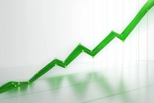 Green ascending 3D line graph with connected nodes increasing steadily indicating growth or positive trend on a light background
