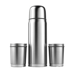 Stainless steel thermos and cups with transparent background