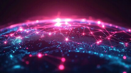 Glowing digital map with interconnected bright pink and blue nodes representing a futuristic global network and data communication system