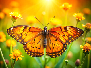 Obraz premium Closeup of a vibrant orange monarch butterfly with intricate wing patterns in a sunlit meadow of yellow flowers