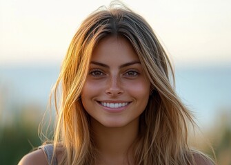 Close-up portrait of a young woman with long blonde hair smiling warmly outdoors during golden hour