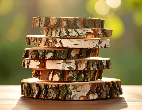 A stack of rustic wood slices in warm light - Powered by Adobe