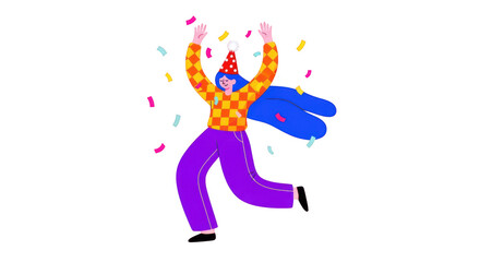 Joyful person in party hat celebrating with confetti isolated on transparent background