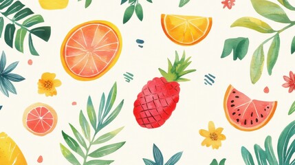 Vibrant tropical fruit slices on white background