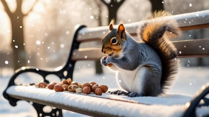A squirrel eating nuts on a snowy park bench during winter.