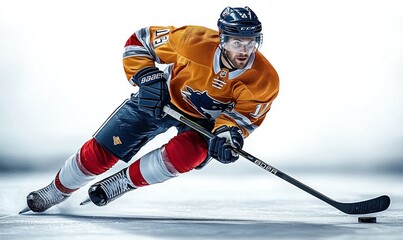 Obraz premium Male ice hockey player in orange and blue uniform skating quickly on ice with a hockey stick controlling the puck, focused and determined expression