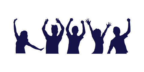 Silhouette of excited cheering crowd with raised hands showing group of happy young people celebrating, ideal for concerts, events, and festivals