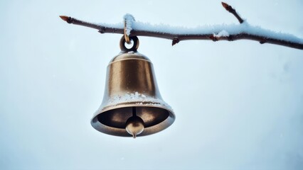 A Single Bell Hanging From A Bare Winter Tree Branch.