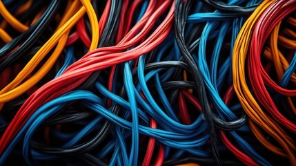 Close-up view of tangled multicolored electrical wires in red, blue, orange, and black creating a dense chaotic pattern