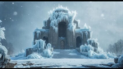 A majestic ancient temple completely frozen in ice and snow during a winter storm.