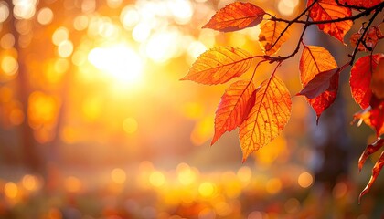 Vibrant Autumn Leaves Illuminated by Golden Sunlight Warm Bokeh Backdrop