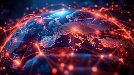 Digital globe focused on Europe with illuminated data points and interconnected glowing lines symbolizing global network connectivity and data exchange
