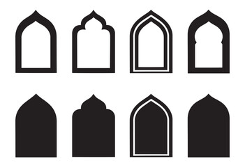 Islamic arch window and doorway silhouette icon set with traditional Arabic geometric patterns mosque architecture decorative frames and arabesque archway design
