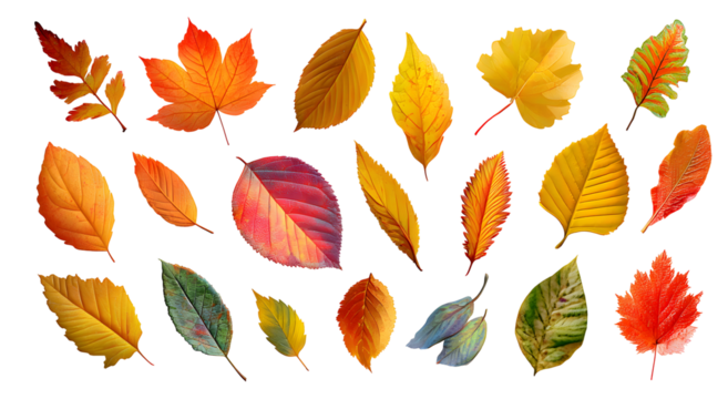 Collection of assorted colorful autumn leaves set various shapes isolated on transparent background, botanical decorative illustration

