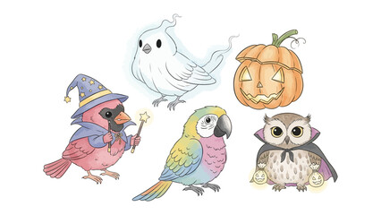 Halloween Fantasy Creatures: A captivating array of imaginative creatures, perfect for a spooky, themed celebration. A Cardinal with magic wand and hat. A ghostly dove.