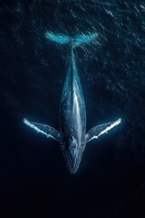 Naklejka premium A large whale swimming gracefully in deep blue ocean water viewed from above showcasing its detailed body and extended fins
