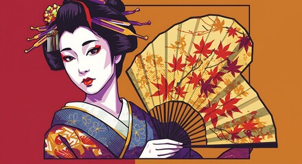 Fototapeta premium Elegant Japanese Woman with Traditional Fan & Kimono - Cultural Illustration