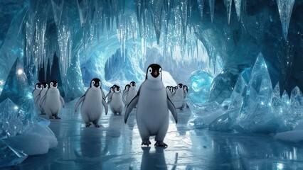 A group of emperor penguins walking through a glistening icy cave environment.