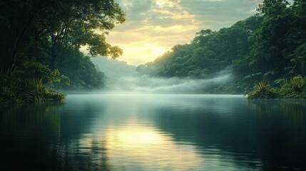 Calm river flowing through dense green forest under a cloudy sky with mist rising above the water during sunrise or sunset