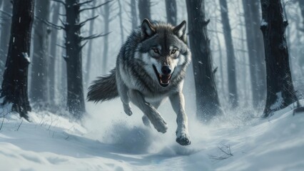 A Fierce Wolf Runs Through a Snowy Forest in Winter.