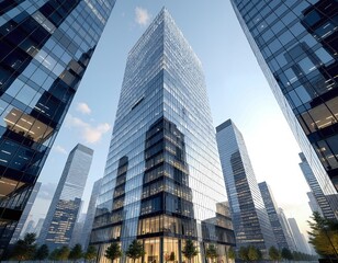 Obraz premium A tall skyscraper stands in the middle of a cityscape, surrounded by other skyscrapers
