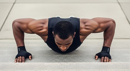 Naklejka premium Push-up exercise: A muscular person is doing push-ups outside, showcasing strength and commitment to physical health.