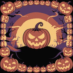 Spooky halloween jack o lanterns frame a mysterious full moon and silhouetted trees with bats flying