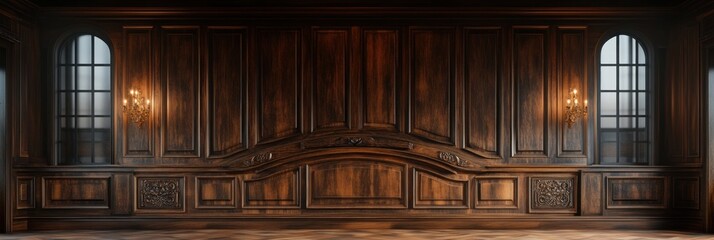 Elegant dark wooden paneled room with two tall arched windows and ornate wall sconces emitting warm light