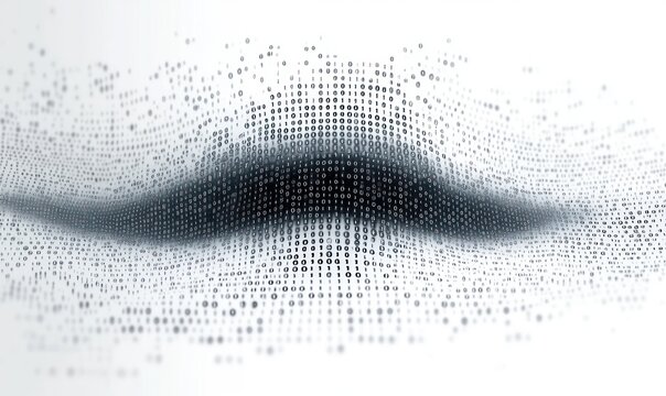 abstract representation of a three-dimensional data wave formed by floating binary digits creating a digital grid with depth and curvature