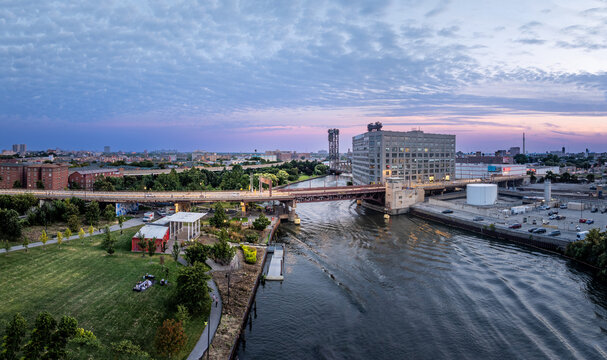 Chicago River Sunset Aerial View with Historic Bridge and Old Post Office&rdquo; Chicago, Illinois &ndash; Chicago River near the Old Post Office 