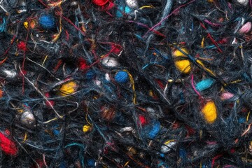 Close-up of tangled black fuzzy fibers intertwined with colorful threads and small balls of yarn in red, blue, yellow, white, and pink, creating a textured abstract pattern