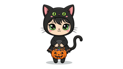 Cat Costume for Halloween: A charming child in a black cat costume clutches a pumpkin-shaped basket, ready for Halloween, capturing the essence of joy, fantasy, and playful fun.