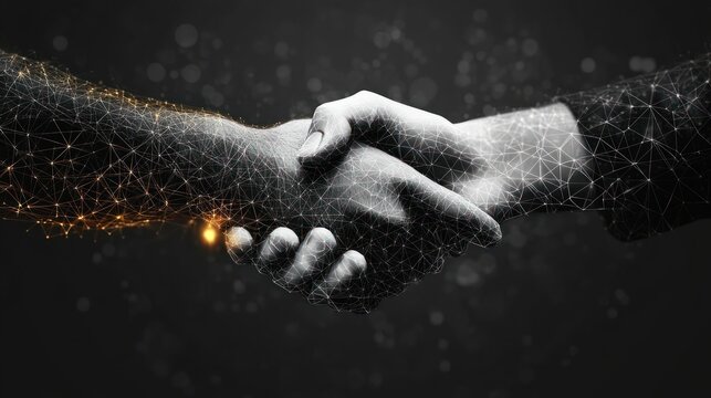 Two hands shaking with digital wireframe and glowing connections symbolizing technology and partnership in a dark background