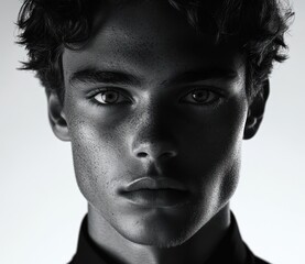 Obraz premium Close-up black and white portrait of a young man with curly hair and freckles, serious expression, dramatic lighting highlighting facial features