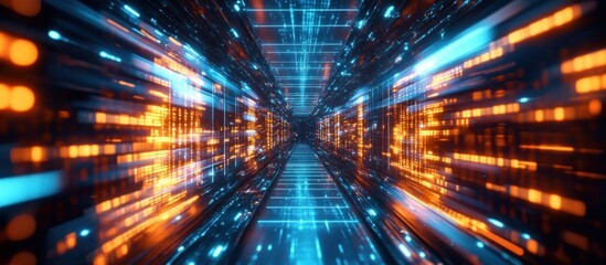 Futuristic digital corridor with glowing blue and orange data streams creating a tunnel effect conveying speed and advanced technology