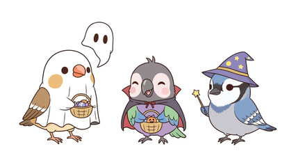 Halloween Birds Delight: Delightful illustration of three cute birds dressed in Halloween costumes, perfect for festive designs. 