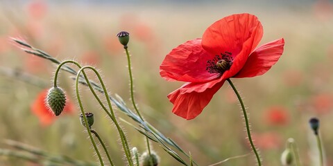 Obraz premium Vibrant red poppy blooms in a softly focused field of flowers capturing the essence of summer s natural beauty and delicate petals