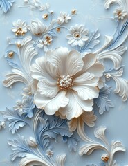 ornate three-dimensional floral design with large central flower surrounded by smaller flowers and detailed leaves in soft cream, blue, and gold tones on light background