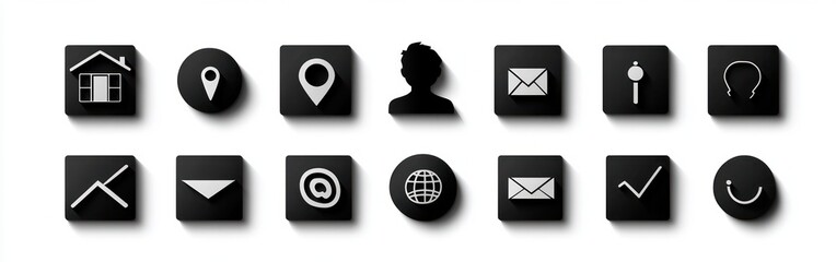 Set of black 3D digital interface icons with shadows on white background including house, location markers, user silhouette, mail, graph, internet globe, checkmark, and smiley face