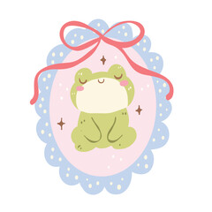 Cute Frog Frame Clipart, Kawaii Frog Illustration with Bow Border, Adorable Pastel Animal Graphic, Decorative Digital Art