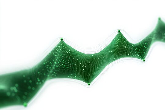 Abstract flowing green wave composed of connected dots and lines forming peaks and valleys on a white background, evoking a sense of dynamic movement and digital connectivity