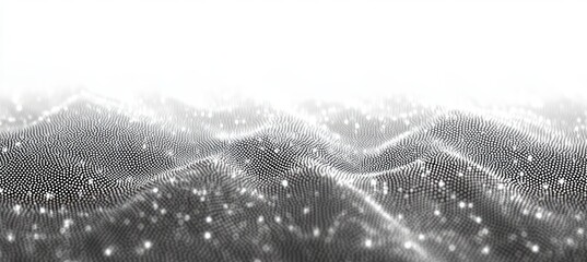 Abstract digital wave landscape composed of numerous small dots and particles forming smooth flowing peaks and valleys with a glowing effect