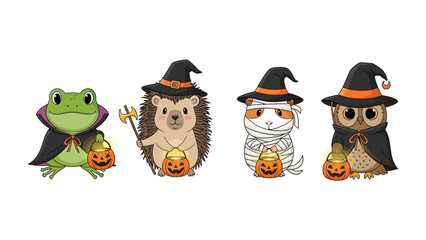Halloween Critters: Enchanting cartoon creatures, each adorned in festive attire, gather for a night of spooky delight.  A charming gathering featuring a frog, hedgehog, cat.