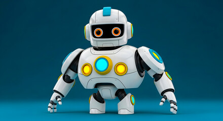 Friendly Futuristic Robot A Cheerful White Robot with Glowing Buttons on a Blue Background