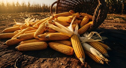 Freshly harvested yellow corn cobs spill from an overturned woven basket onto dark earth in a sunlit field.