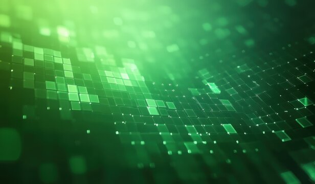 abstract futuristic green digital grid with glowing squares and dots representing data flow and technology