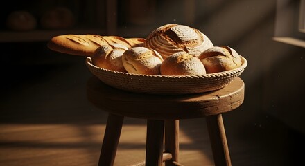 A rustic wooden stool holds a woven basket filled with freshly baked bread loaves and rolls, illuminated by warm natural light.
